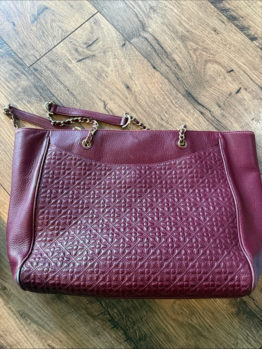 Tory Burch Quilted Leather Tote in Burgundy with Gold Chain Straps